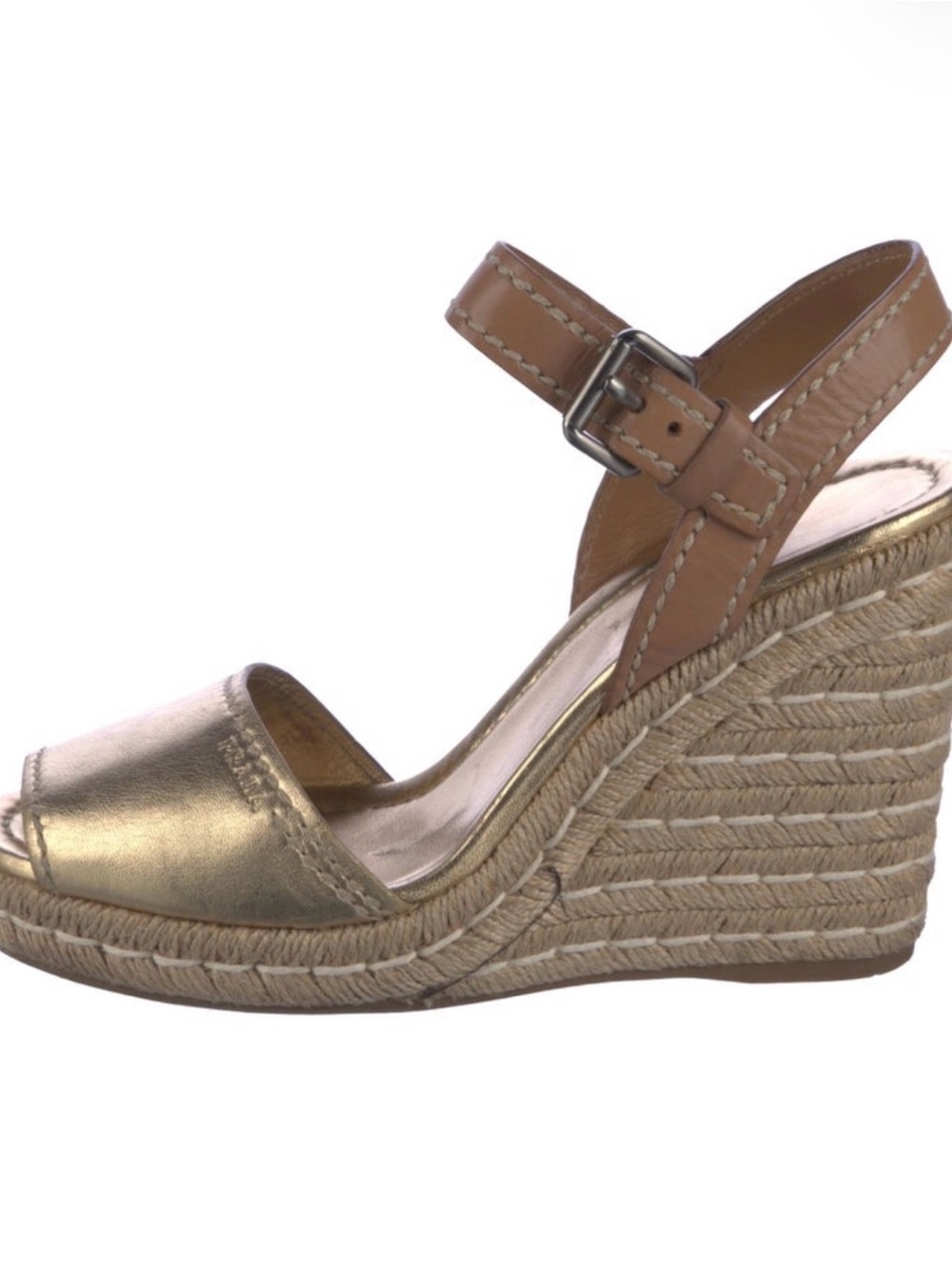 Prada Gold Leather and Tan Espadrille Wedge Sandals